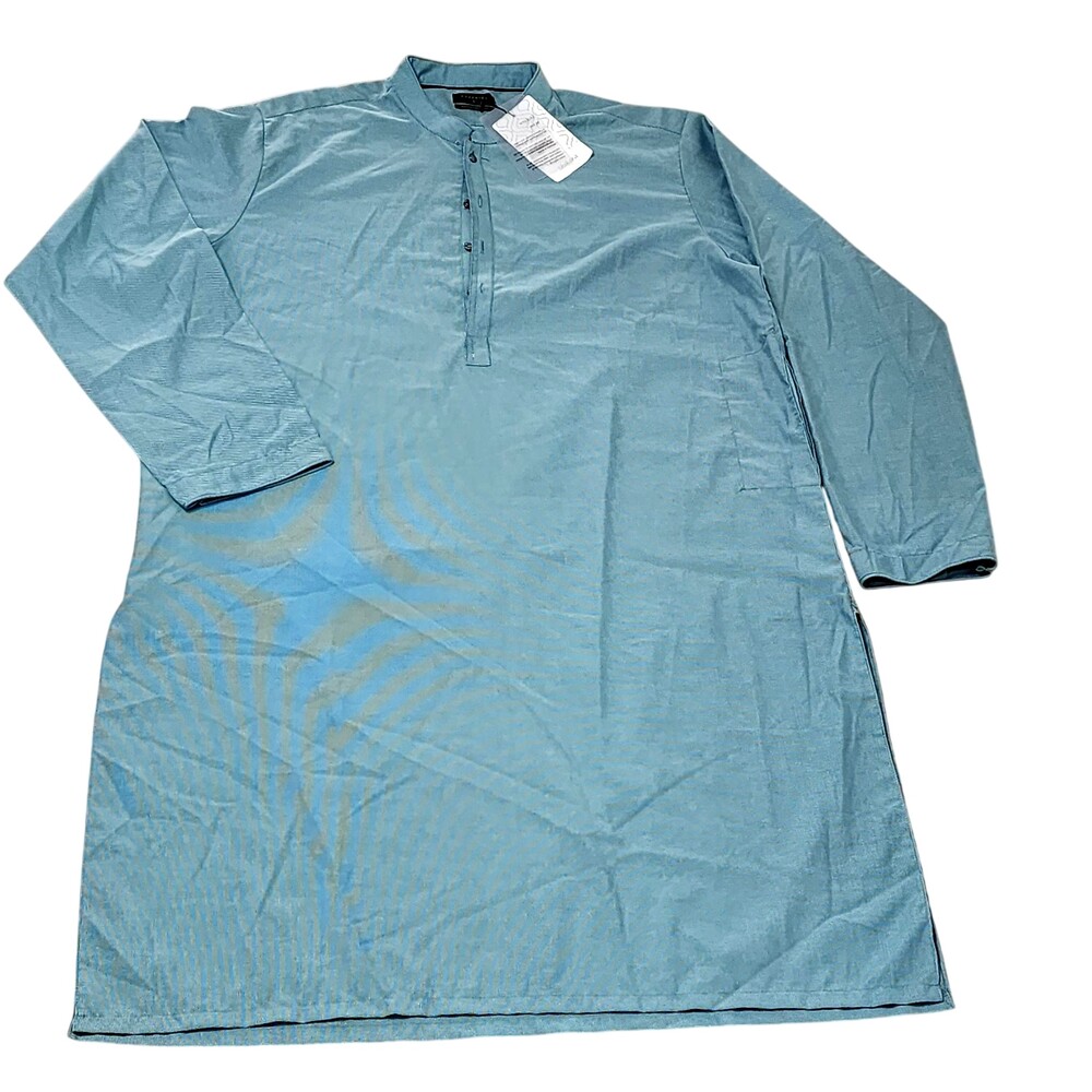 Sapphire Shirt Mens Large Blue Long Sleeve Band Collar Kurta Summer Casual